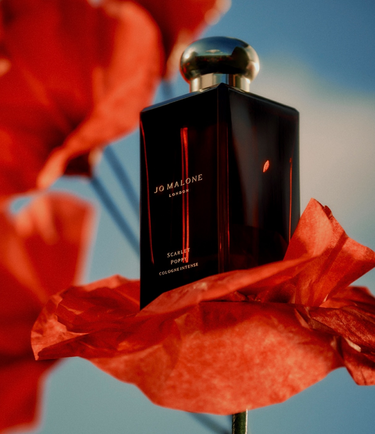 A Jo Malone London cologne, in a dark bottle, sits amidst a field of poppies set against a backdrop of a clear blue sky. 